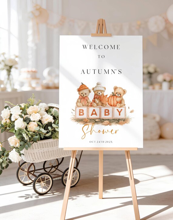 Fall Teddy Bear Baby Shower Welcome Sign, Autumnal, Gender Neutral, Pumpkin (Editable Printable) #ftb