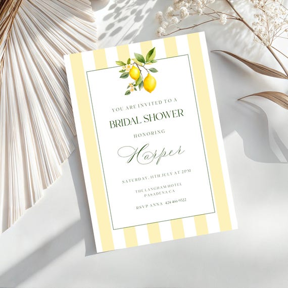 Lemon Bridal Shower Invitation, Coastal, Striped, Mediterranean ( Editable Printable ) Digital #lgs