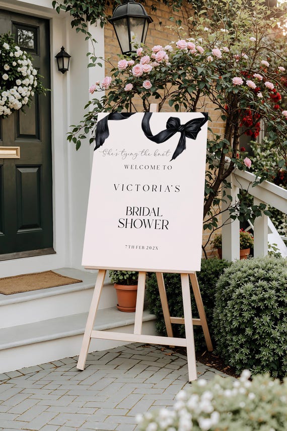 Blush Bridal Shower Welcome Sign, Black Bow, Tying The Knot (Editable Printable) Instant Download #bps