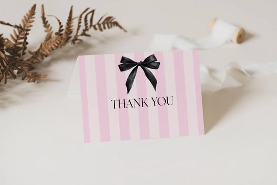Modern Black Bow Thank You Card Template: Pink Stripe DIY Printable (5.5x4.25" Flat & Tent Fold) #vss