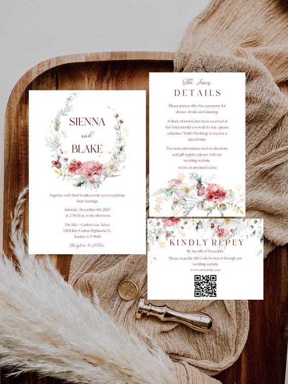 Winter Floral Wedding Invitation Set: Elegant Xmas Foliage (Printable Editable Template) #hyd