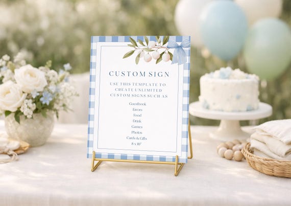 Blue Gingham Customizable Sign Template, Baby Shower Table Sign, Fruits (Editable Printable)  #gcb