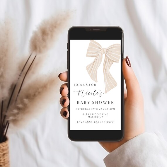 Modern Beige Bow Baby Shower Evite: Gender Neutral Invitation (Digital)