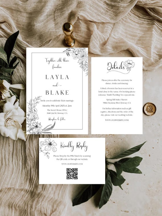 Black and White Wildflower Wedding Invitation Template Set: Floral Printable Editable (Digital Download)