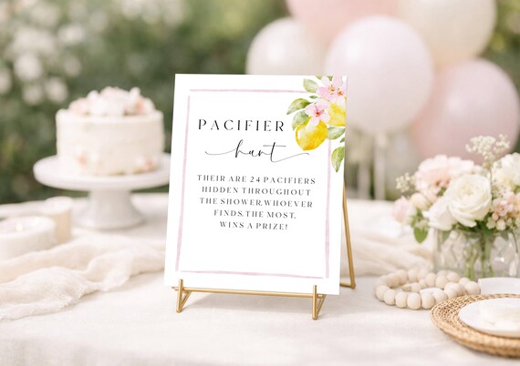 Lemons Pacifier Hunt Sign, Baby Shower Sign game, Pink Floral, Editable Printable  (Digital) #lem