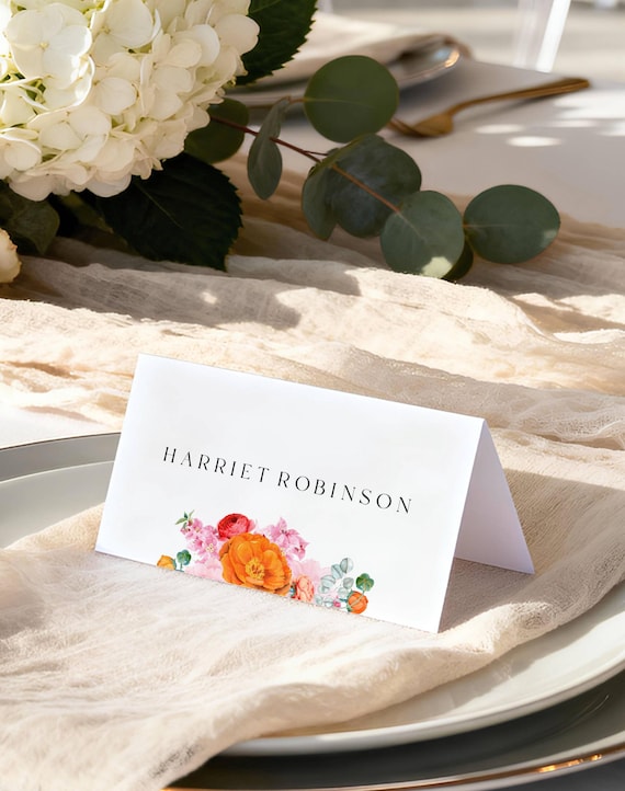 Floral Wedding Place Card: Bright Blooms Name Card, Tropical Design (Printable, Editable Template) #ora