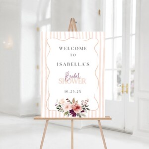 Fall Blush Bridal Shower Welcome Sign Template, Modern Blush & Burgundy Floral Bridal Shower Sign, Pink Striped Printable Welcome Sign, #bsb