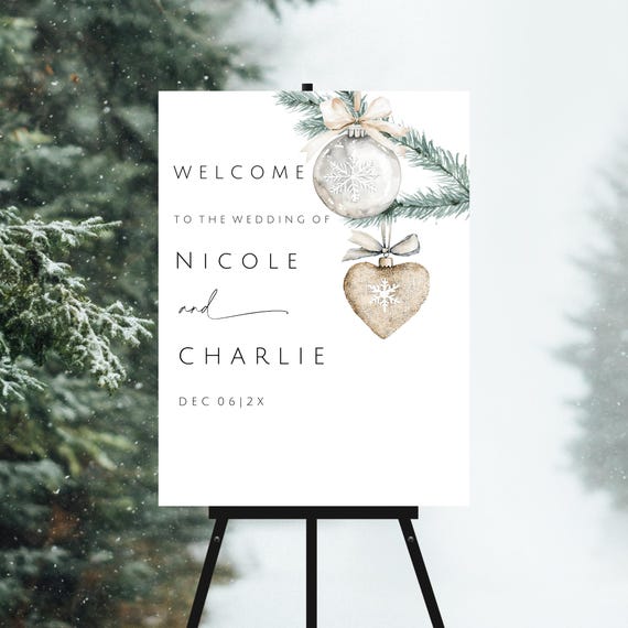 Boho Christmas Wedding Welcome Sign: Festive Holiday sign (Editable Digital) Tree, Ornaments #bxw