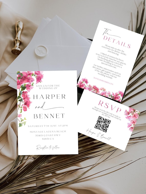 Bougainvillea Wedding Invitation Suite: Coastal Floral Printable Template (Editable Digital Download) #bgv