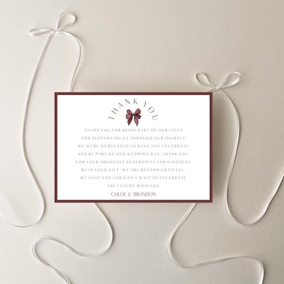Burgundy Bow Wedding Thank You Card: Minimalist Editable Template (Digital Download)