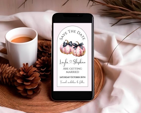 Fall Pumpkin Save The Date Evite: Pink Pumpkins & Black Bows (Digital Download)