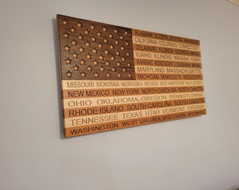American Wood Flag | Carved | Solid Wood | Handmade | Wall Hanging | Patriotic | States