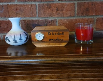 It's 5 o'clock somewhere, Carved Wood Clock, Gold Finish, Tabletop, Handmade, Desk, Gift