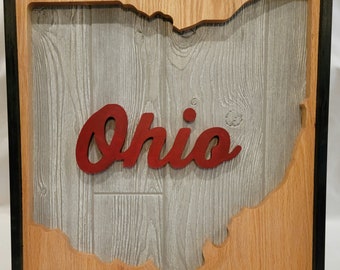 Ohio Silhouette, Framed, State Wall Hanging, Carved, Handmade, Wood