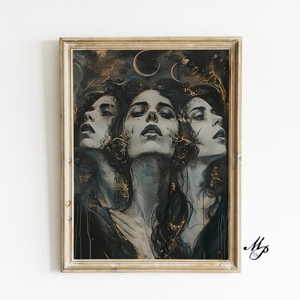 Hecate Triple Moon Goddess Fine Art Giclee Witchcraft, Wicca Pagan Luna Vintage Painting, Hekate Witchy Artwork, Ancient Esoteric Art