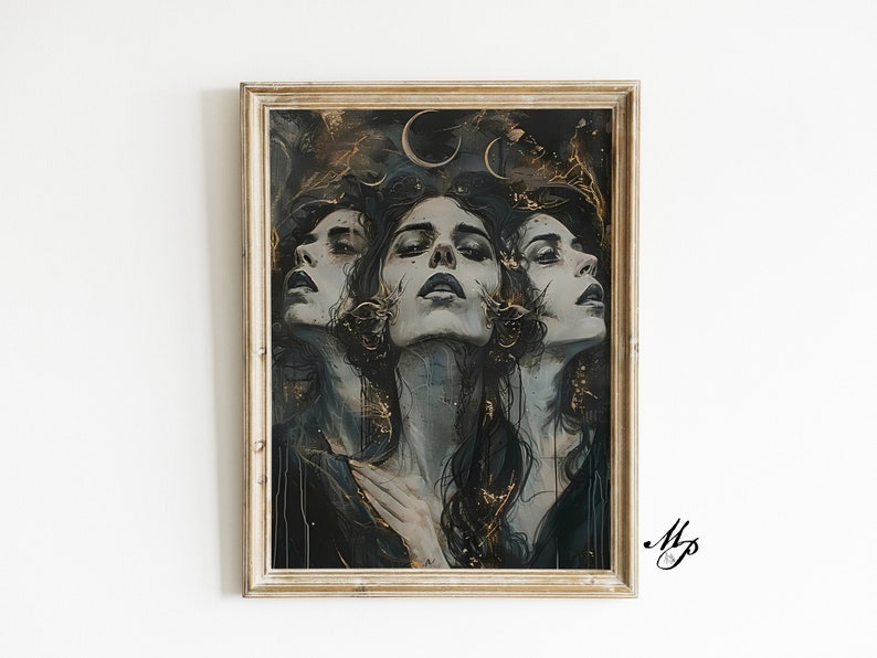 May include: A framed print of a painting featuring three women with dark hair and blue eyes. The women are depicted with their faces turned towards the viewer, and their eyes are closed. The background of the painting is a dark blue and gold color, and there are crescent moons in the upper right corner. The artist's signature is in the lower right corner.