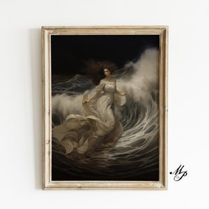 May include: A woman in a white dress stands in a swirling sea of white and blue waves. The background is dark and the woman's hair is long and dark.