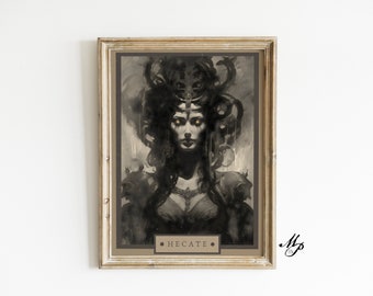 May include: Framed black and white artwork featuring a portrait of a woman with elaborate hair and jewelry. The artwork is labeled "HECATE" at the bottom and is set in a gold-colored frame. The artwork has a vintage, gothic theme.