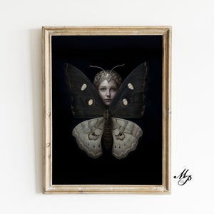 Gothic Moth Art, Dark Cottagecore Wall Art, Moody Floral Printable, Goblincore Decor, Fairycore Print, Dark Academia Oil Painting Aesthetic