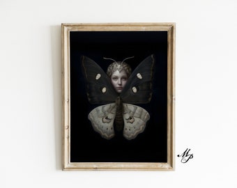 Lámina artística de la Diosa Polilla Gótica, decoración de Dark Academia (descarga digital)