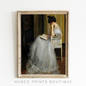Antique Portrait Woman Reading -  Vintage Moody Dark Cottagecore Woman & Ravens Printable Wall Art | Dark Academia Aesthetic | Victorian Art