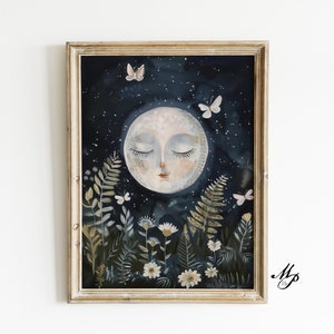Moon Moth Meadow -  Fine Art Giclee Witchcraft, Wicca Pagan Luna Vintage Painting, Witchy Artwork, Ancient Esoteric Art