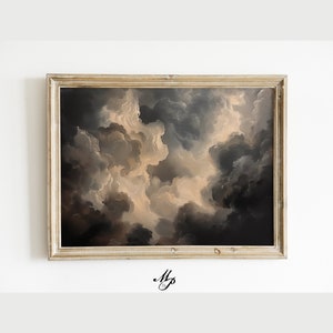 May include: A framed painting of a dramatic, stormy sky with dark gray and light beige clouds. The clouds are painted in a swirling, abstract style.