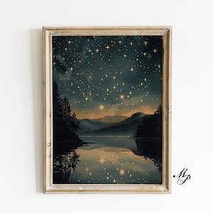 Vintage Star Gazing | Printable Wall Art | Night Landscape Art | Printable Night Wall Art | Stargazing Landscape at Night | Celestial Print