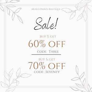 May include: A white sale announcement with black text and brown text that reads "Sale!" "BUY 3, GET 60% OFF CODE: THREE" and "BUY 5, GET 70% OFF CODE: SEVENTY". The background has a white floral design.