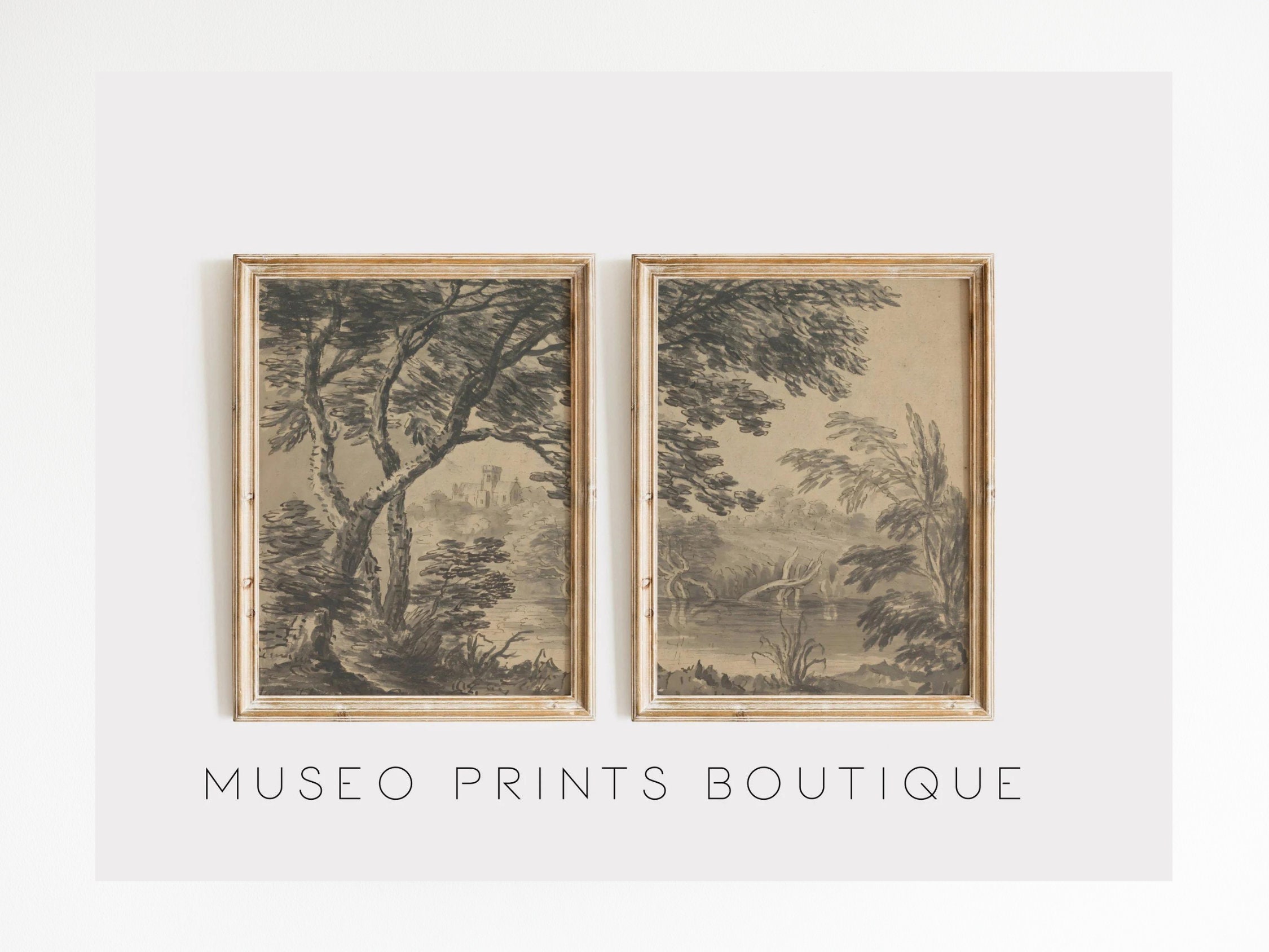 Vintage Moody Woodland Landscape Set of 2 - Rustic Dark Art Print ...