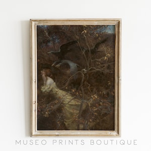 The Haunted Wood | Vintage Moody Dark Cottagecore Woman & Ravens Printable Wall Art | Dark Academia Aesthetic | Digital Download