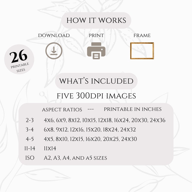 May include: A graphic showing 26 printable sizes for five 300 DPI images. The aspect ratios are 2-3, 3-4, 4-5, 11-14, and ISO. The printable sizes in inches are listed for each aspect ratio. The ISO sizes are A2, A3, A4, and A5.