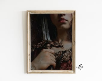 Victorian Woman with Sword Art Print – Dark Moody Antique Painting (Digital Download)