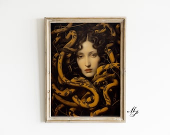 May include: A painting of a woman with long dark hair surrounded by yellow snakes. The woman's face is visible and she has a serious expression.