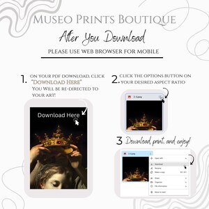 May include: A digital illustration of a step-by-step guide on how to download and print digital art. The guide shows how to click the "Download Here" button on a PDF download, then how to click the options button to select the desired aspect ratio, and finally how to download the image and print it.