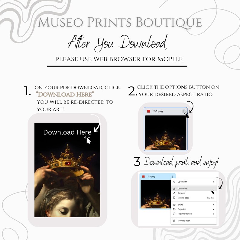 May include: A digital illustration of a step-by-step guide on how to download and print digital art. The guide shows how to click the "Download Here" button on a PDF download, then how to click the options button to select the desired aspect ratio, and finally how to download the image and print it.