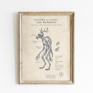 Wendigo Anatomischer Kunstdruck - Gothic Kryptid Illustration auf gealtertem Papier - Dunkle Folklore-Wanddekoration (A4) - Cryptid Kunstdruck