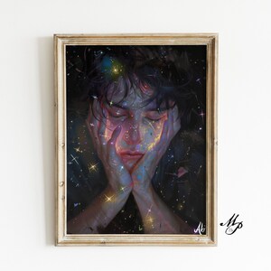 Peut inclure: Une peinture représentant une personne dont le visage est caché par ses mains. Le visage de la personne est recouvert de peinture colorée et brillante qui ressemble à des étoiles et des galaxies. L'arrière-plan est sombre et la peinture a une ambiance onirique et éthérée.