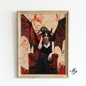 Lilith Sitting Throne Devil Print, Demon Vintage Dark Art, Occult Poster, Gothic Female Demon, Witchcraft, Witch Print, Wiccan Art
