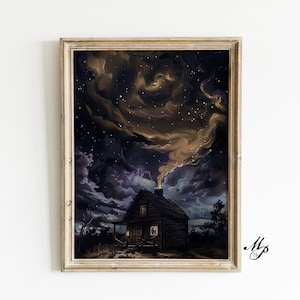 Cabaña misteriosa iluminada por la luna en el bosque / Estética macabra / Arte académico oscuro / Decoración gótica victoriana - Academia oscura - Arte gótico - Arte oculto