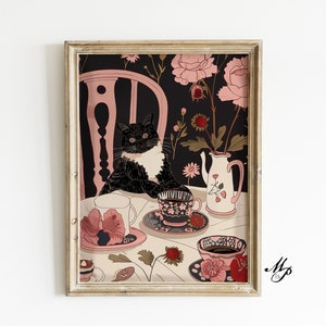 Stampa di tè gatto caffè dessert stampa caffè gatto poster pane gatto cucina stampa regalo amante dei gatti stampa gatto carino gatto divertente parete arte Boho Cat