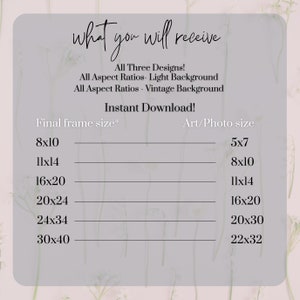 May include: A chart showing the different sizes of printable art available for download. The chart lists the final frame size and the art/photo size. The sizes listed are 8x10, 11x14, 16x20, 20x24, 24x34, and 30x40.