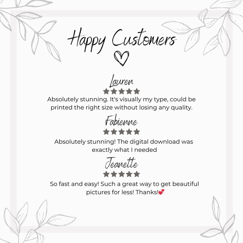 May include: Happy Customers text with a heart symbol. Three customer reviews with five-star ratings and positive comments. The reviews are from Lauren, Fabienne, and Jeanette.