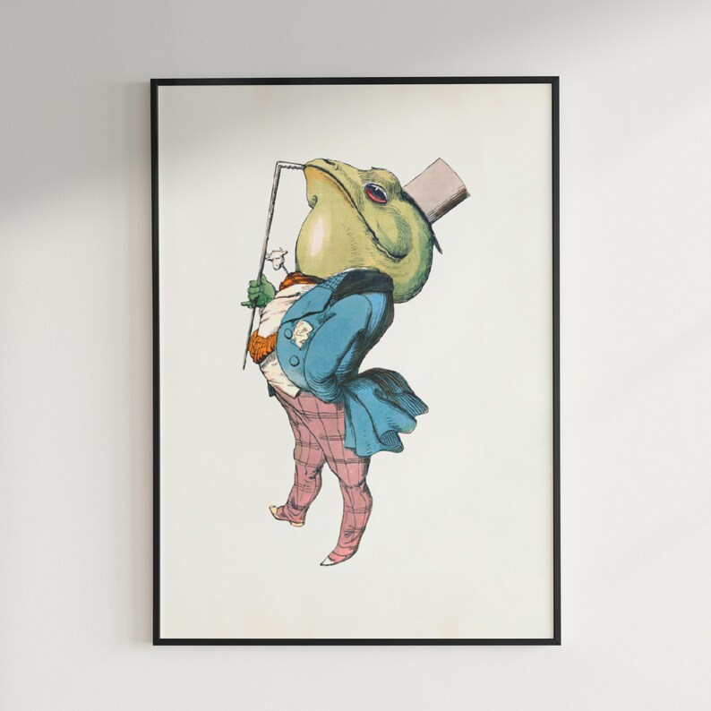 May include: A whimsical illustration of a frog wearing a top hat and a blue jacket with pink and white plaid pants. The frog is holding a stick with a flower on the end.