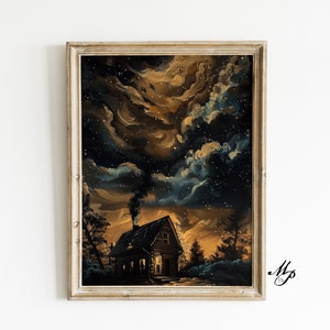 Cabaña misteriosa iluminada por la luna en el bosque / Estética macabra / Arte académico oscuro / Decoración gótica victoriana - Academia oscura - Arte gótico - Arte oculto