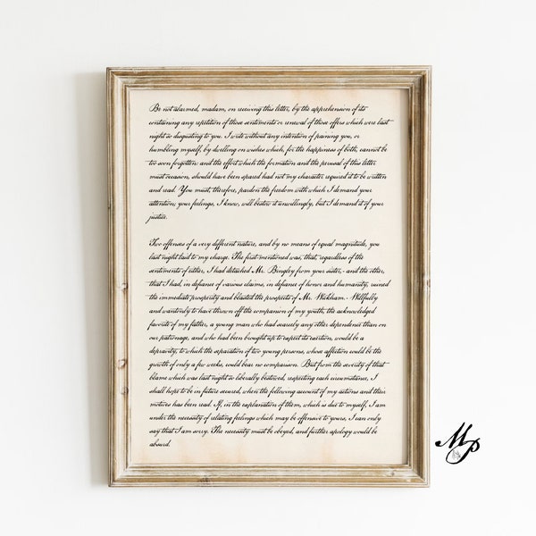 Lettre de M. Darcy à Elizabeth - Orgueil et préjugés - Poster Jane Austen - Art mural Jane Austen - Cadeau pour amoureux Jane Austen - TÉLÉCHARGEMENT IMMÉDIAT