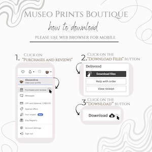 May include: A screenshot of a computer screen showing how to download digital files from Etsy. The steps are: 1. Click on "Purchases and Reviews", 2. Click on "Download Files", 3. Click on "Download".