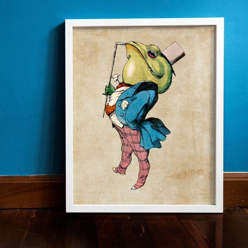 May include: A vintage illustration of a frog wearing a top hat and a blue jacket with pink pants. The frog is holding a cane and a flower.