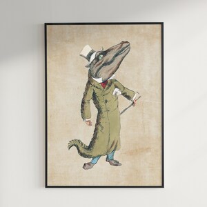 May include: A vintage illustration of a crocodile wearing a top hat and a long coat, holding a cane. The crocodile is standing on a beige background.