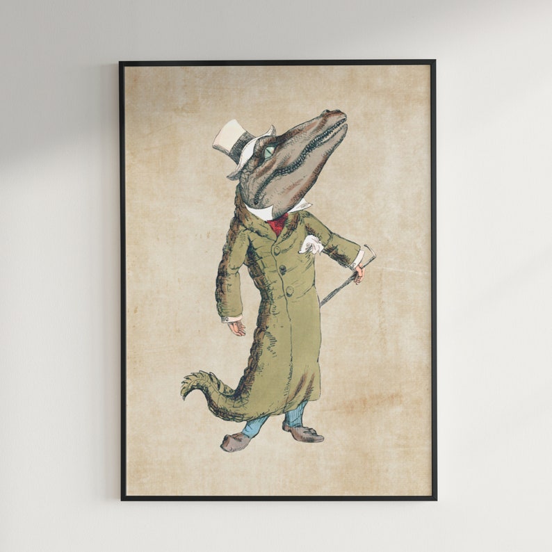 May include: A vintage illustration of a crocodile wearing a top hat and a long coat, holding a cane. The crocodile is standing on a beige background.